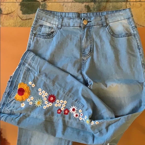 Scarpi’s Swag & Sundries Denim - Embroidered Flower Flare High Rise Jeans